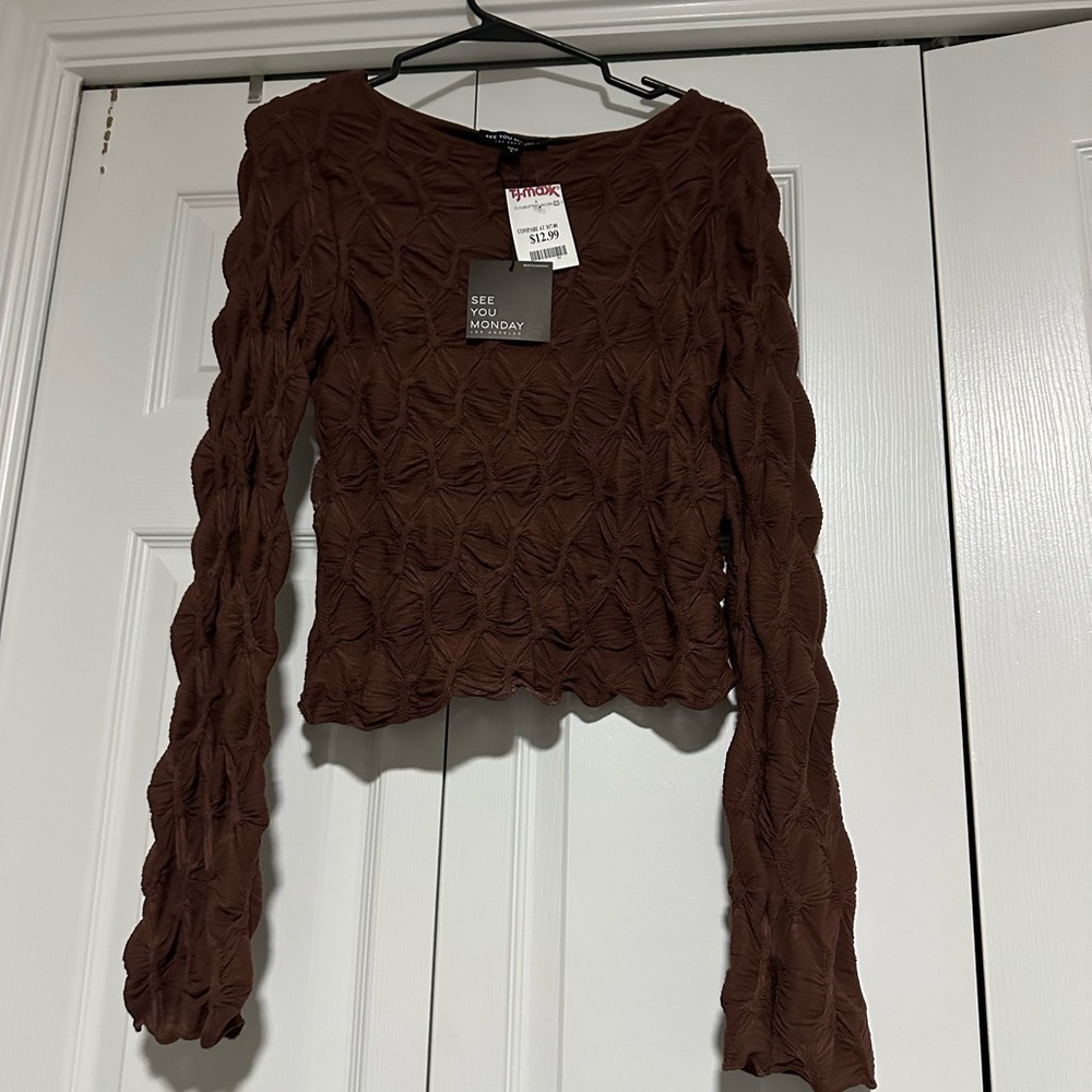 See You Monday Brown Textured Blouse
